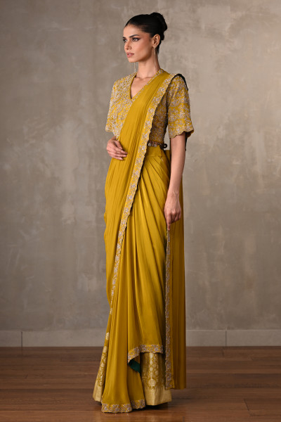 Yellow Embellished Crepe Drape Saree Set