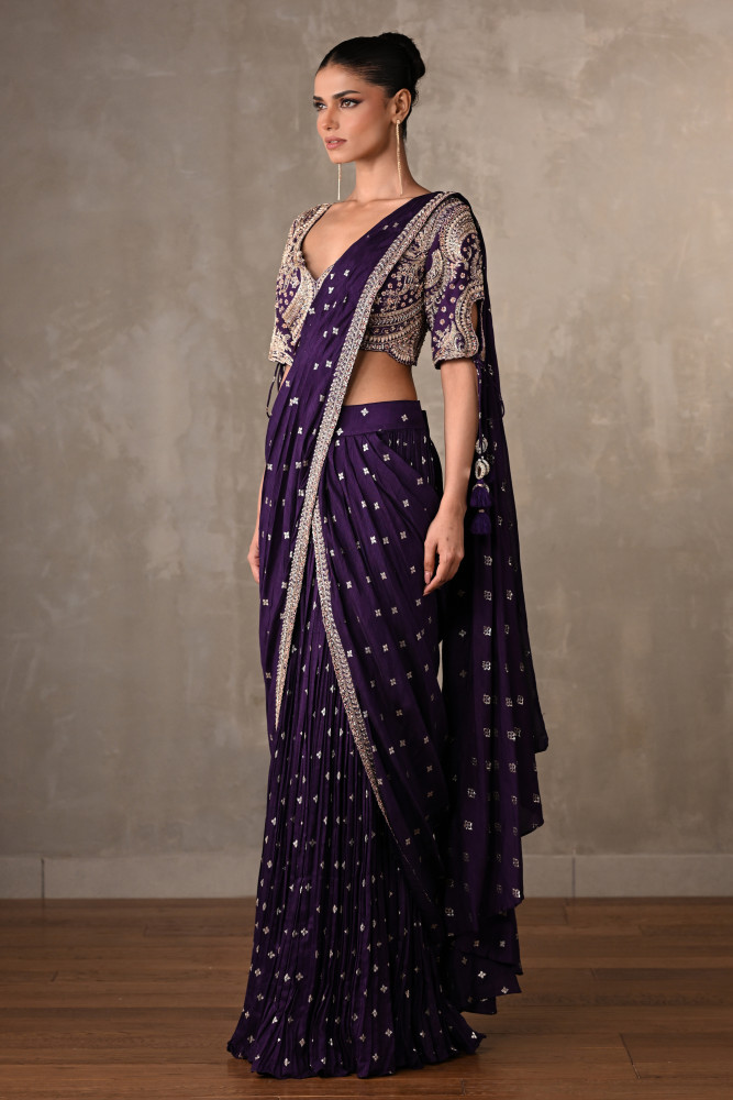 Zariya Purple Embroidered Drape Saree