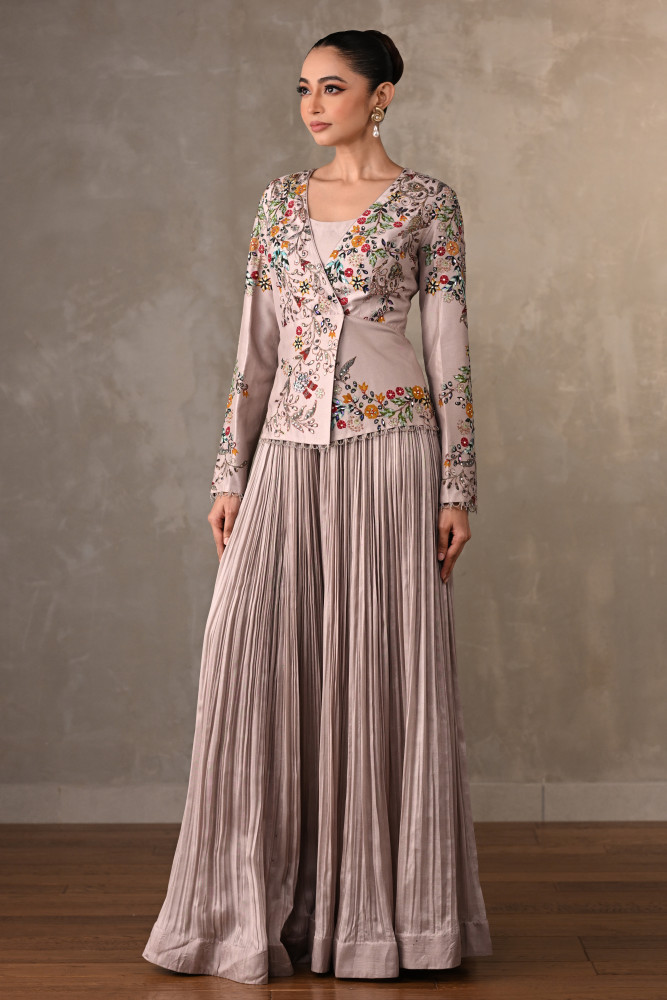 Mauve Bloom Embellished Jacket With Pleated Pants