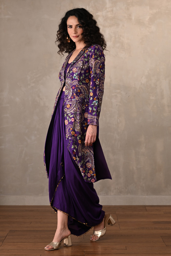 Royal Purple Silk Draped Skirt Set With Embroidered Long Jacket