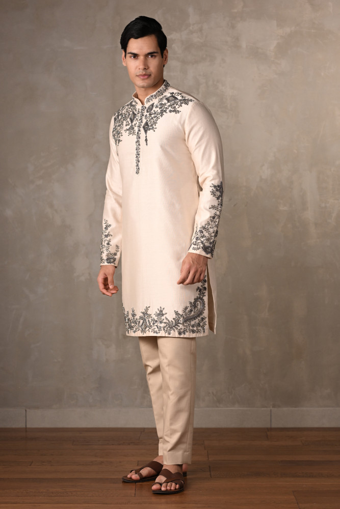 Ivory Chanderi Embroidered Kurta