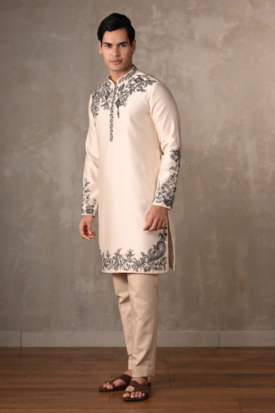 Ivory Chanderi Embroidered Kurta