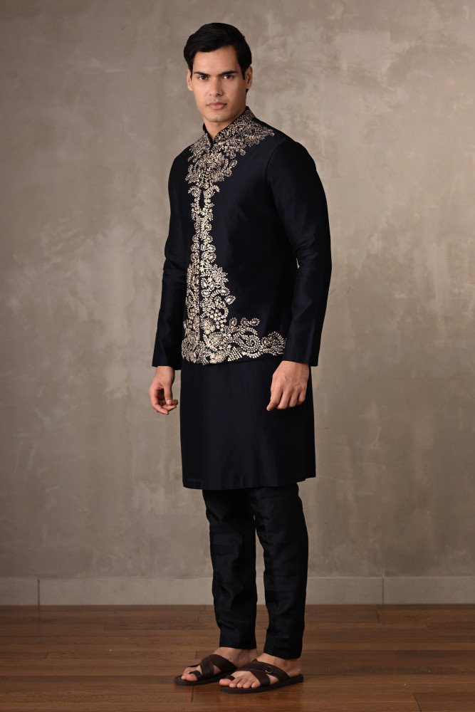 Navy Blue Chanderi Embroidered Bundi Jacket With Kurta Set