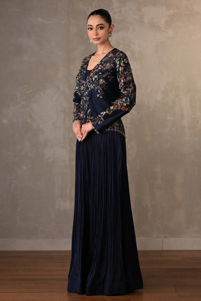 Blue Bloom Embellished Jacket With Pleated Pants