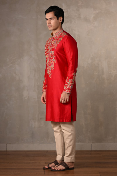 Red Chanderi Embroidered Kurta