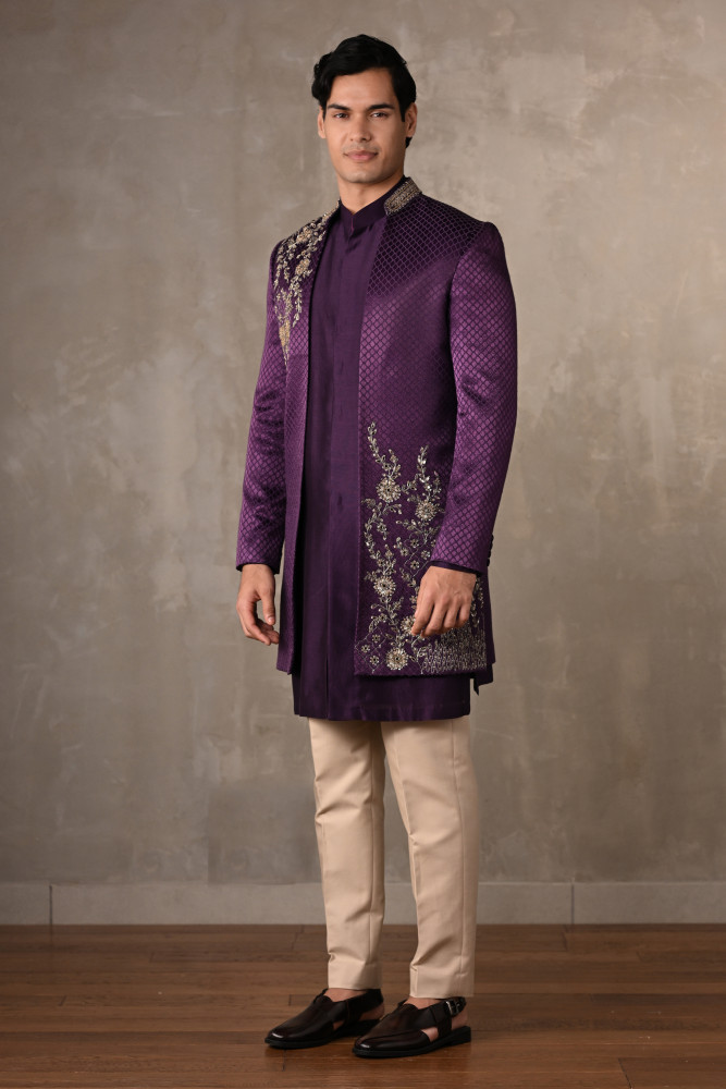 Royal Amethyst Chanderi Silk Open Sherwani Jacket Set
