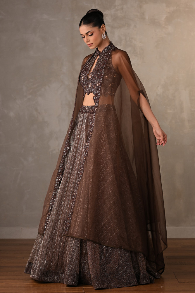 Mocha Sheer Embellished Lehenga Set