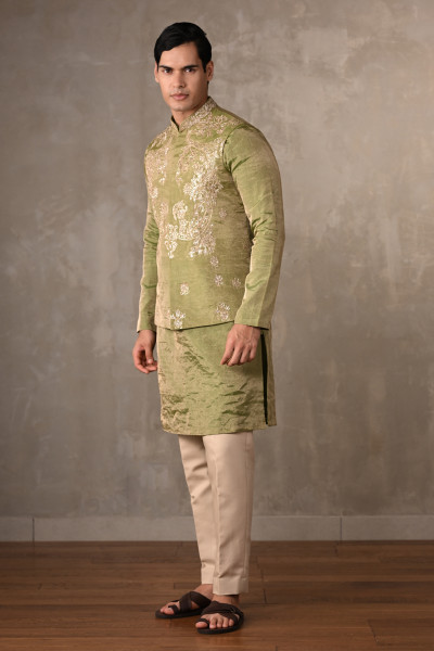Green Tissue Silk Bundi Kurta Set