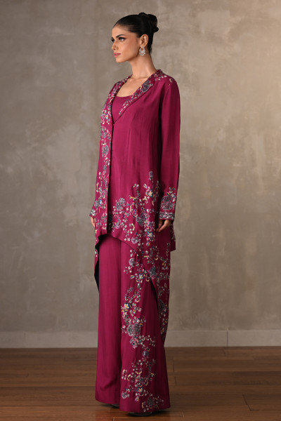 Wine Embellished Silk Co-Ord Set