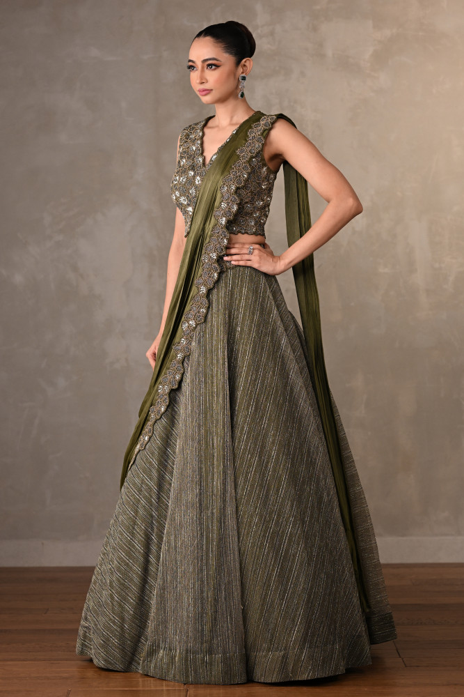 Olive Luxe Sequined Lehenga Set With Attached Dupatta