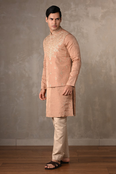 Light Gold Tissue Bundi Jacket With Kurta Set