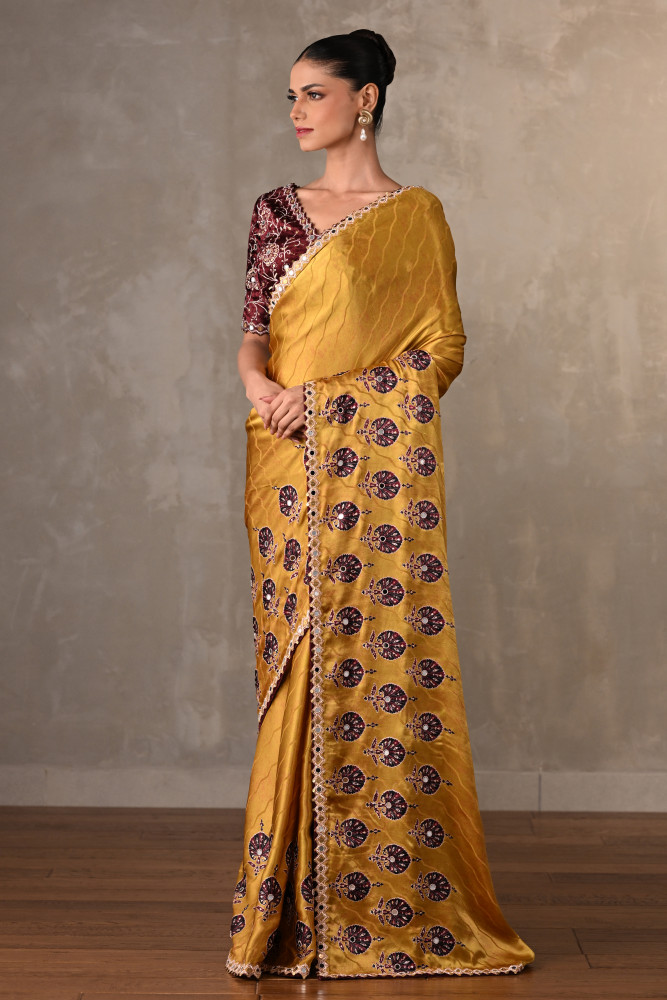 Mustard Satin Mirror Work Saree Set