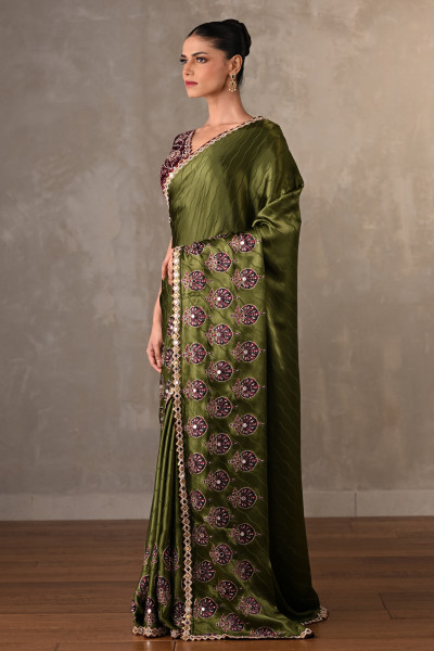 Mehndi Green Satin Mirror Work Saree Set