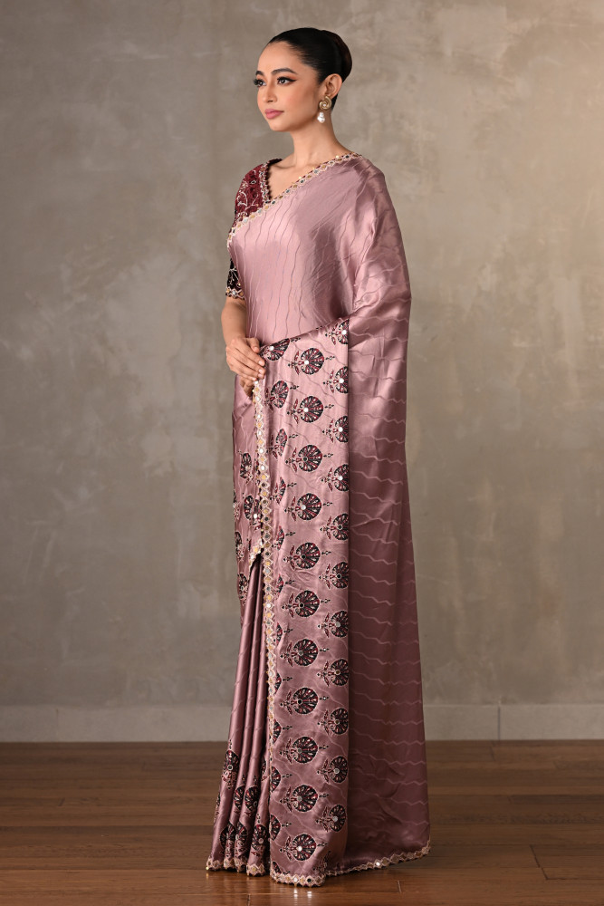 Mauve Satin Mirror Work Saree Set