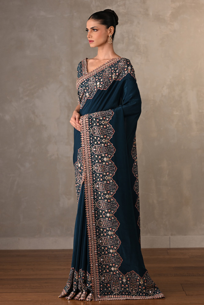 Navy Mirror Work Saree Set