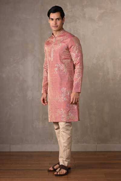 Dusty Pink Embroidered Tissue Kurta