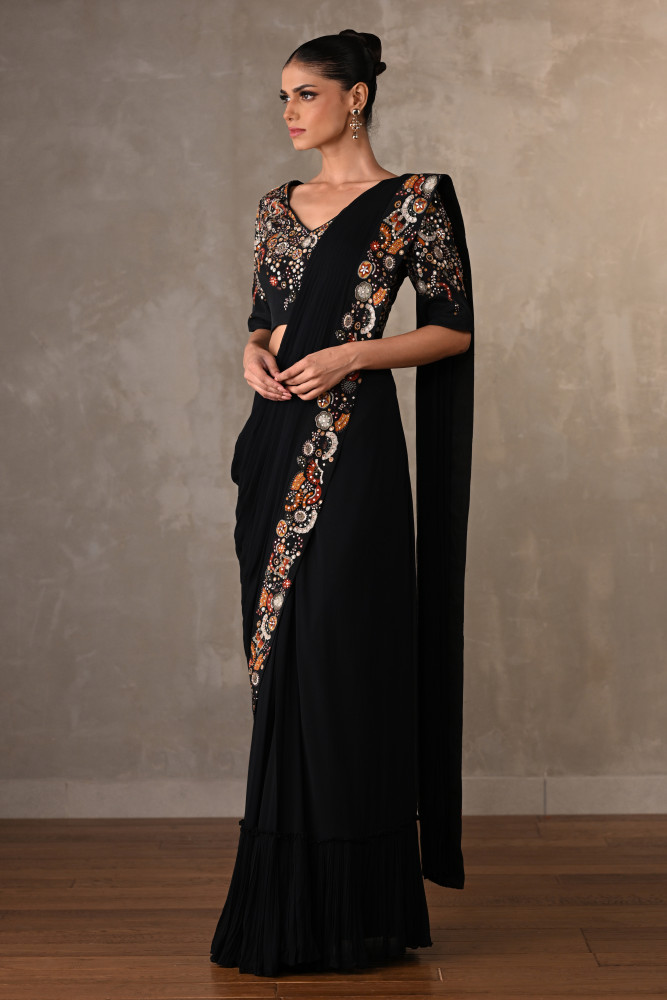 Black Embellished Pre-Stitched Saree Set