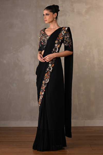 Black Embellished Pre-Stitched Saree Set