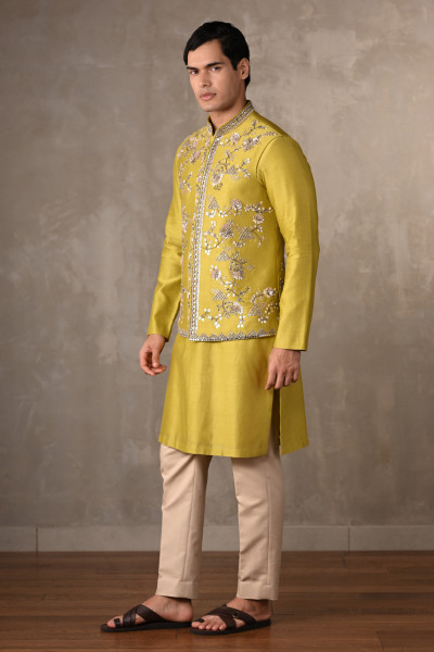 Lime Green Chanderi Bundi Jacket with Kurta Set