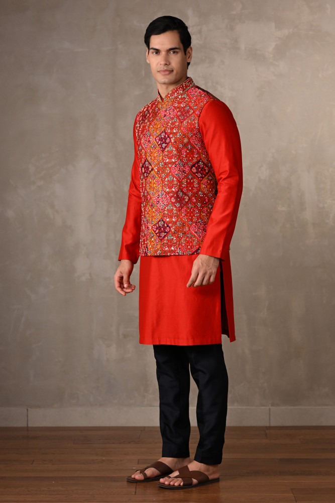 Ruby Red Chanderi Bundi Jacket with Kurta Set