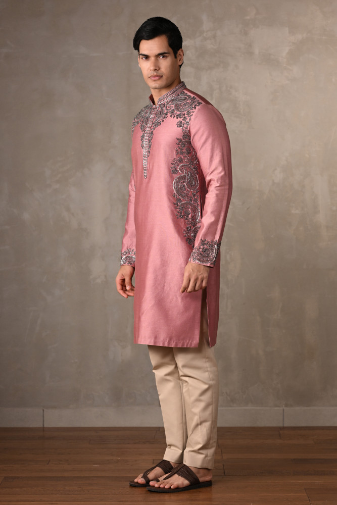 Pink Chanderi Embroidered Kurta