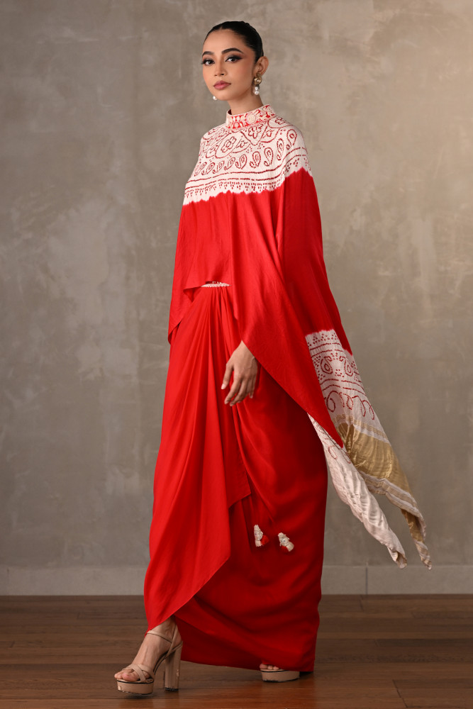 Empress Red Bandhej Silk Cape Co-Ord Set
