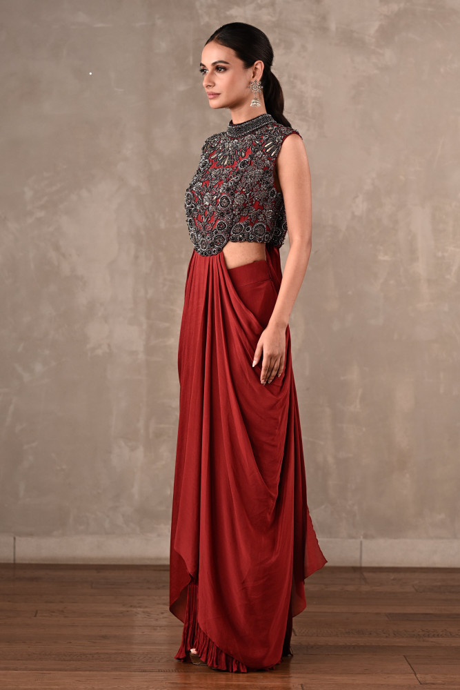 Maroon Drape Gown Set