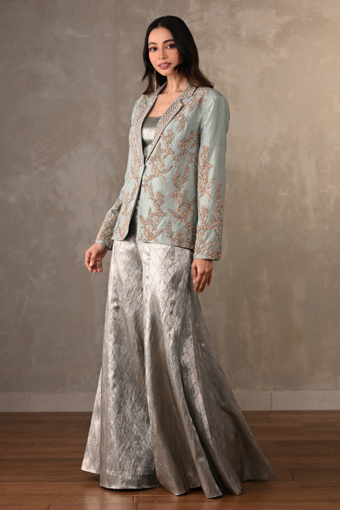 Dusky Blue Brocade Pant Suit Set