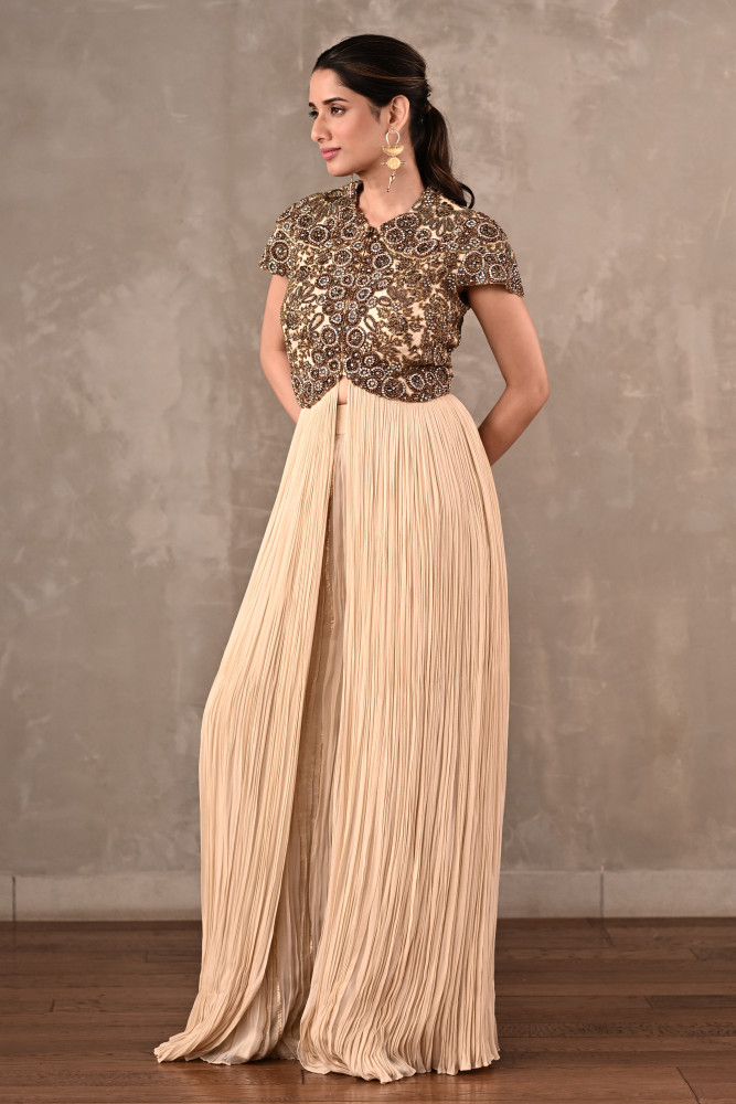 Off-White Embroidered Drape Gown Set