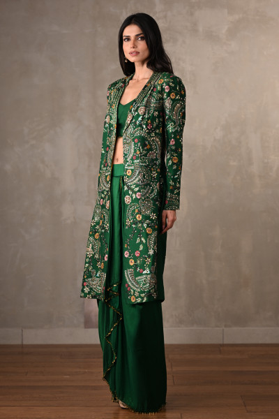 Green Silk Draped Skirt Set With Embroidered Long Jacket