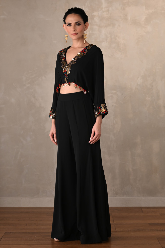 Black Georgette Embroidered Crop Top With Wide-Leg Trousers