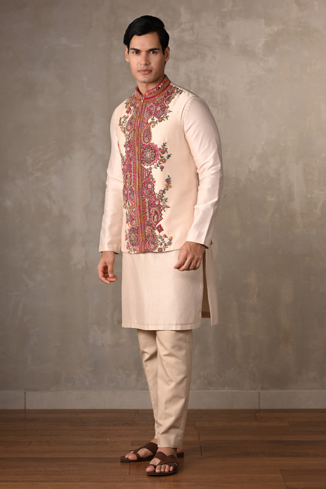 Ivory Chanderi Hand-Embroidered Bundi Jacket With Kurta Set