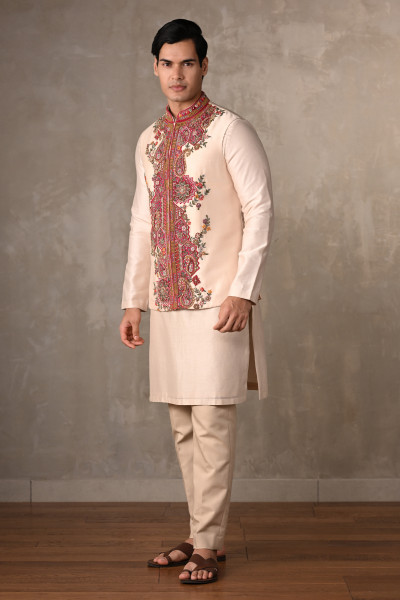Ivory Chanderi Hand-Embroidered Bundi Jacket With Kurta Set