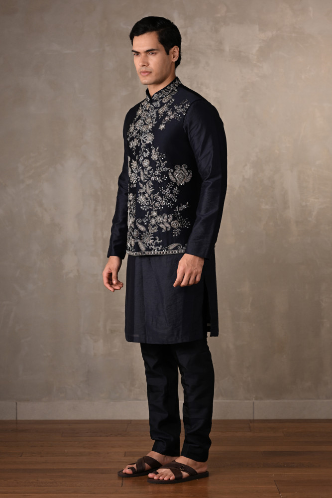Navy Blue Embroidered Bundi Kurta Set