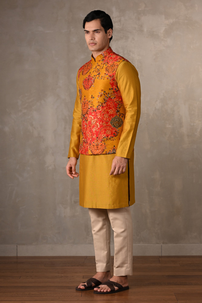Yellow–Multicolour Chanderi Bundi Jacket with Kurta Set