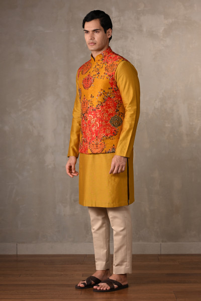 Yellow–Multicolour Chanderi Bundi Jacket with Kurta Set