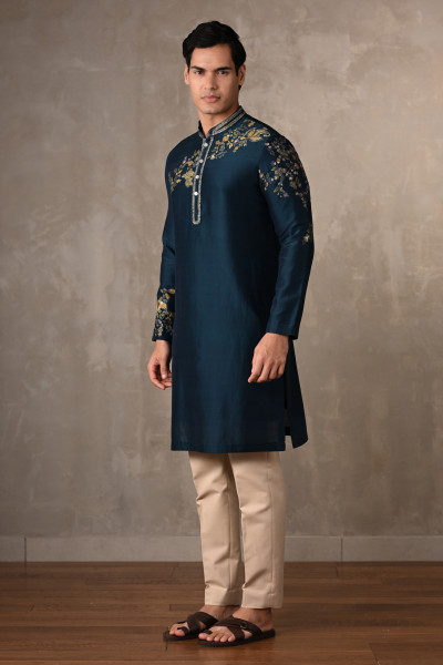 Blue Chanderi Embroidered Kurta