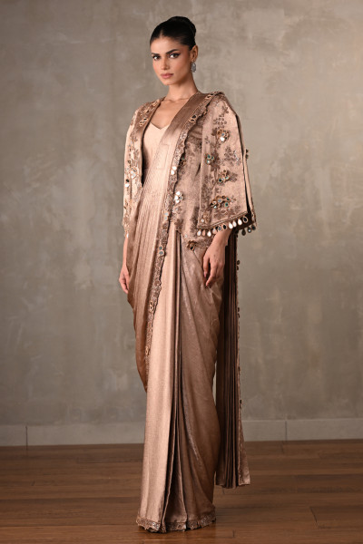 Dusty Beige Embellished Satin Drape Gown With Jacket