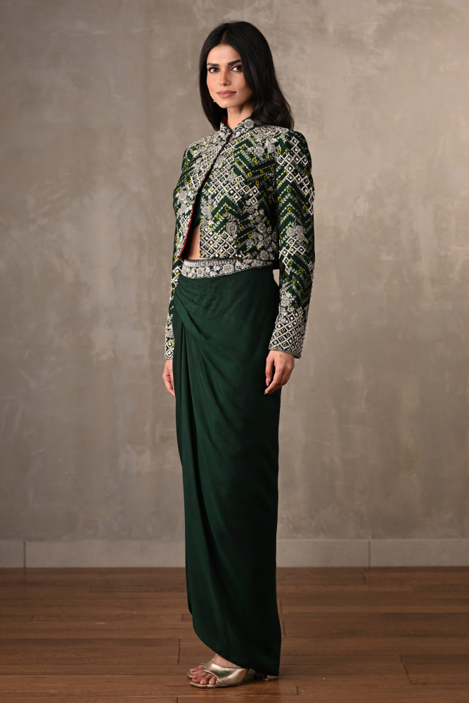 Emerald Embellished Jacket & Draped Skirt Set