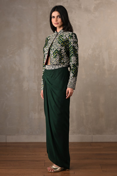 Emerald Embellished Jacket & Draped Skirt Set