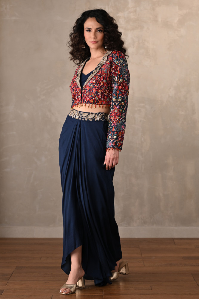 Navy Draped Silk Skirt With Multicolor Embroidered Jacket
