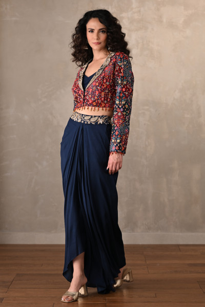Navy Draped Silk Skirt With Multicolor Embroidered Jacket
