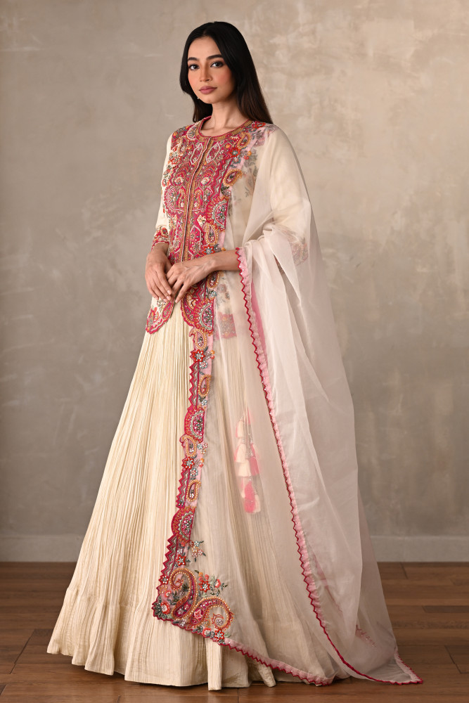 Off White-Rani Rouge Crushed Organza Lehenga Set