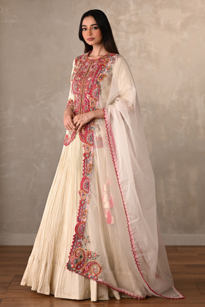 Off White-Rani Rouge Crushed Organza Lehenga Set