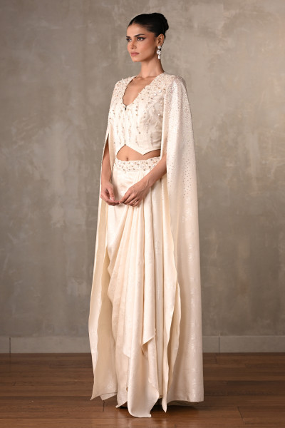 Ethereal Off-White Satin Cape Top & Draped Skirt Set