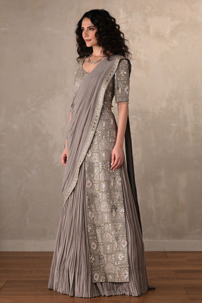 Embroidered Crepe Draped Gown With Pleated Skirt