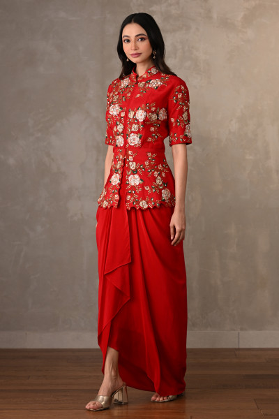 Red Threadwork Peplum Set