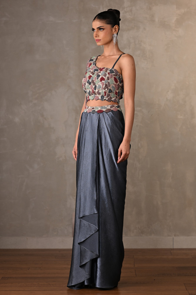 Blue Embellished Asymmetric Satin Co-Ord Set