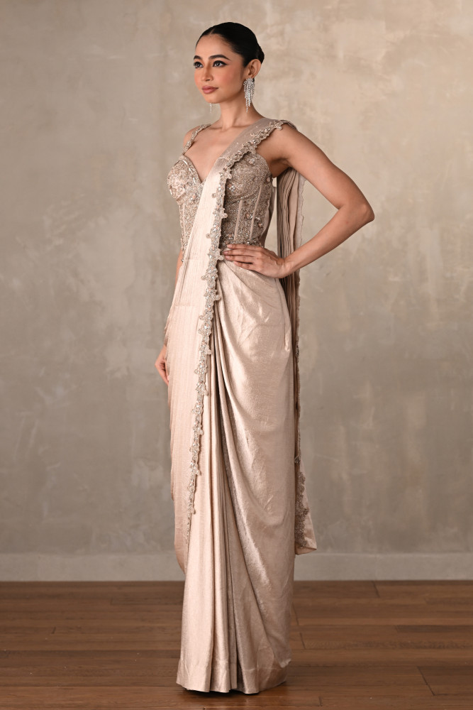 Champagne Gold Satin Draped Gown With Embellished Corset