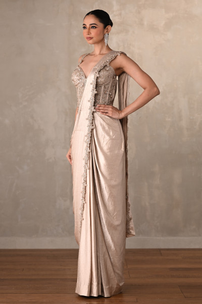 Champagne Gold Satin Draped Gown With Embellished Corset